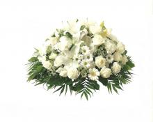 Coussin rond deuil blanc et vert avec roses et lys - Vergez Tarnos